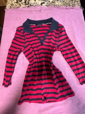 Tommy Hilfiger Red and Black Striped Knit Polo Top